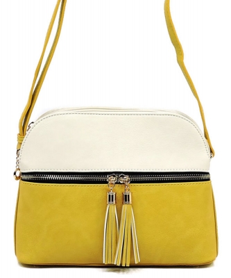 Dual Tone Zip Tassel Multi Compartment Crossbody Bag LP050 BEIGE YELLOW